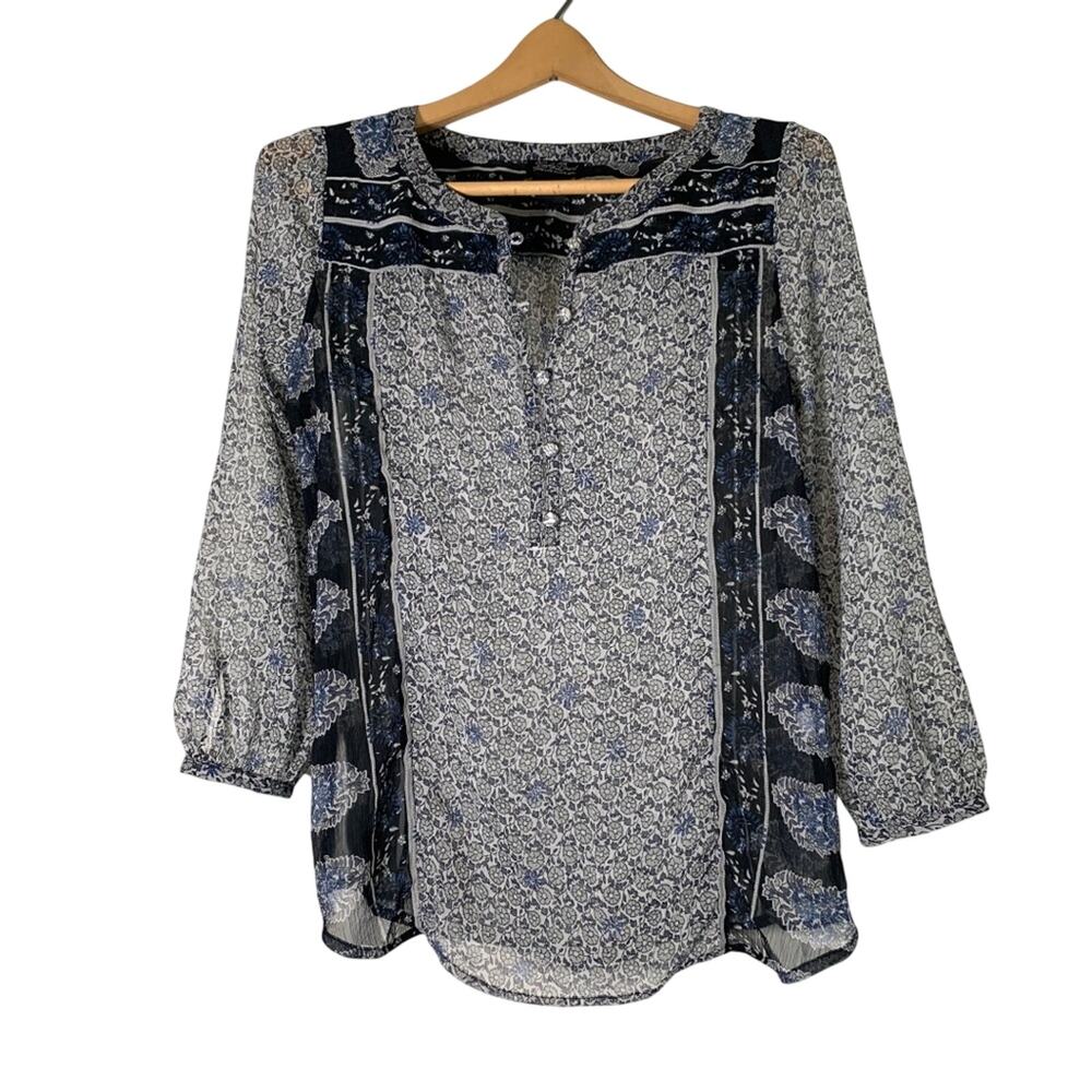 Lucky Brand XS Women's Semi-Sheer Boho Peasant Top Henley Style Blouse